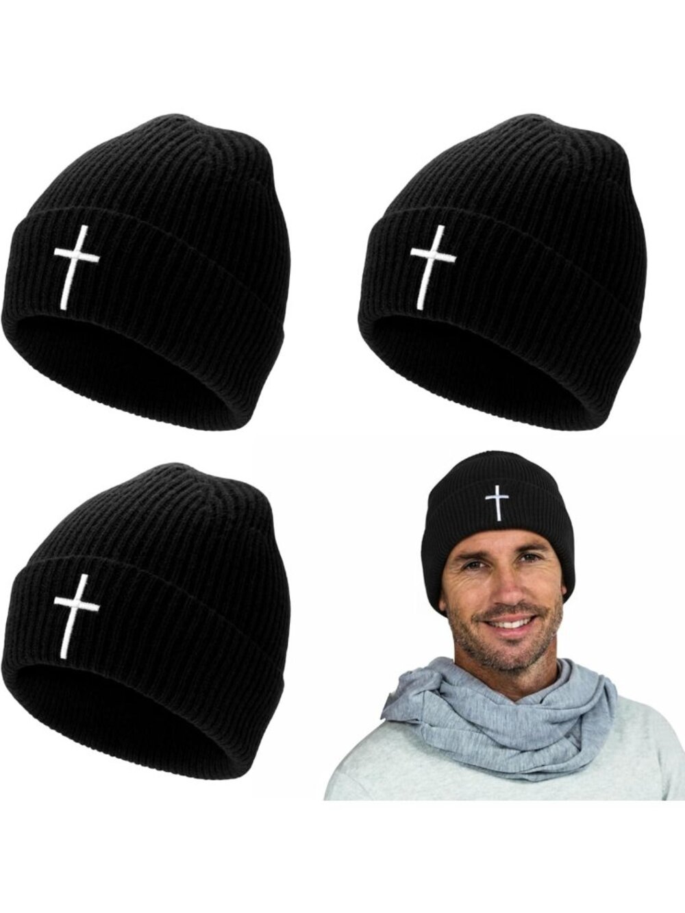 3-Piece Christian Cross Beanie Set | Winter Hat for Men & Women | Religious
